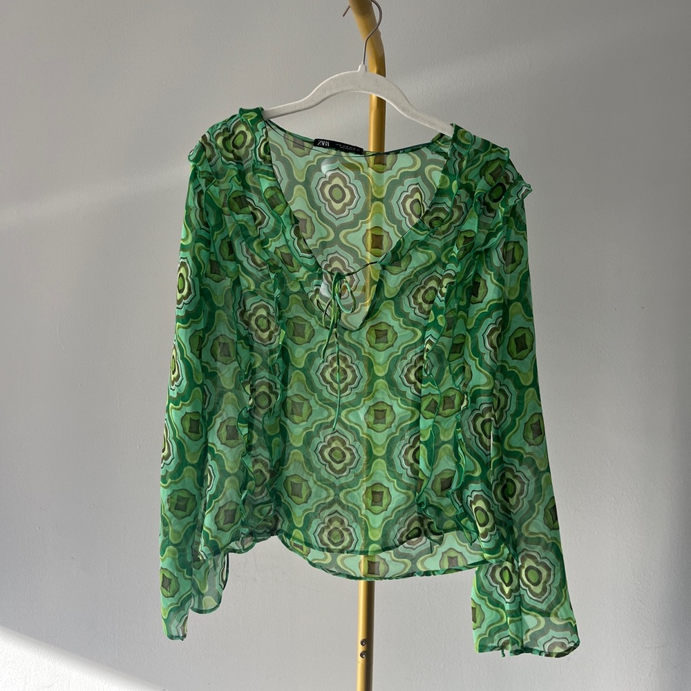Zara Green Geometric Sheer Tie-Neck Blouse